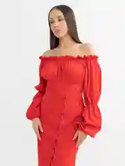 Алый платье с рукавом и разрезом