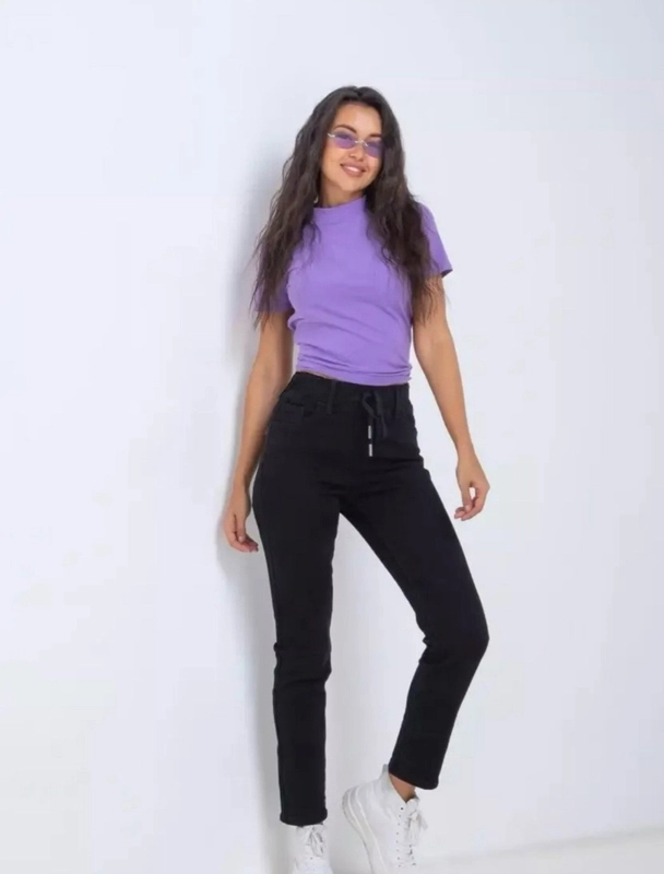 Джинсы женские на резинке, высокая посадка, утепленные mom fit