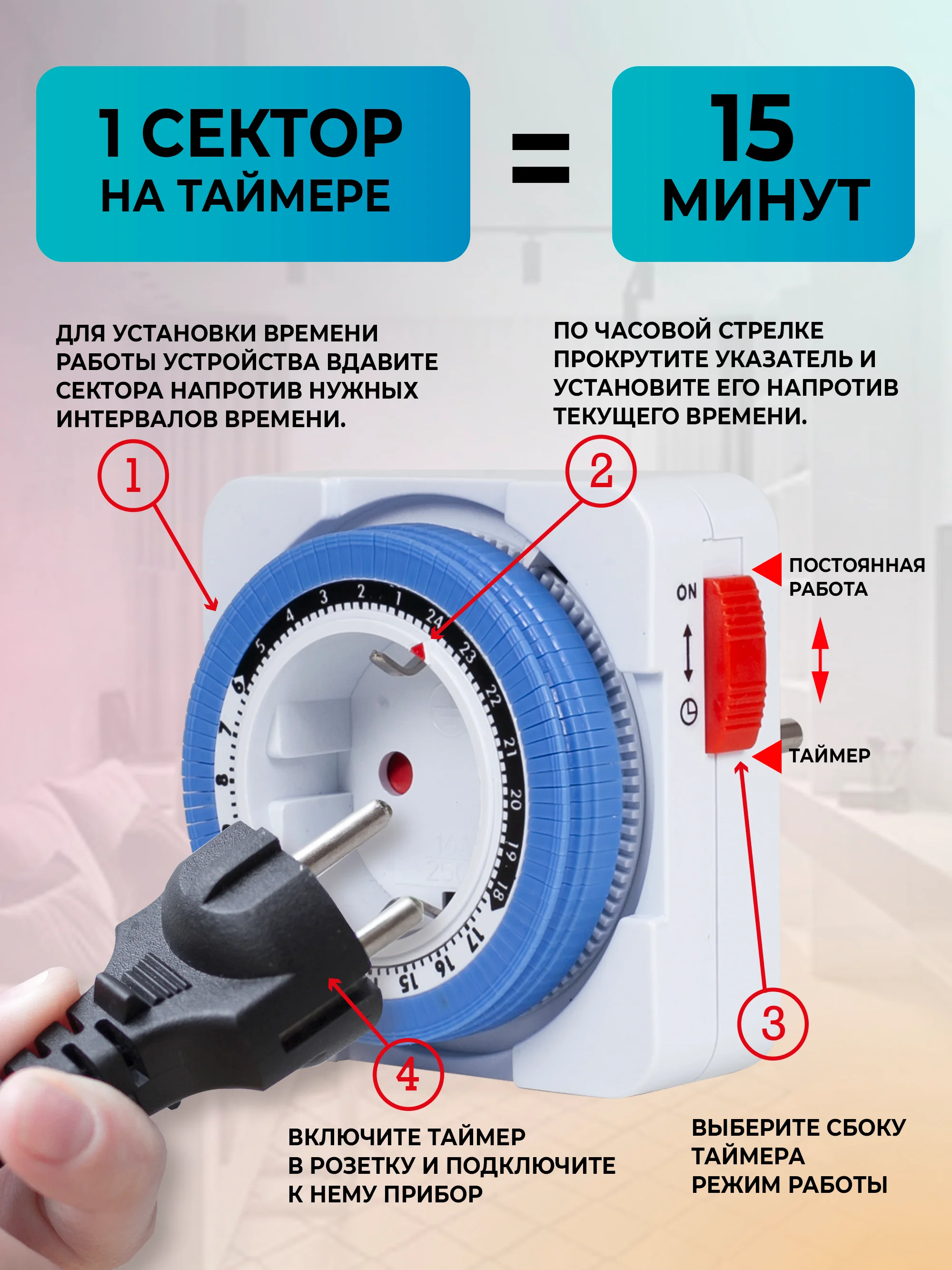 Розетка с таймером RUCELF TM-15-24R 15 мин 24 ч 16А