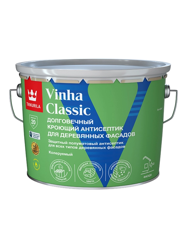 Антисептик для деревянных фасадов Tikkurila Vinha Classic, полуматовый, база А, белый, 9 л