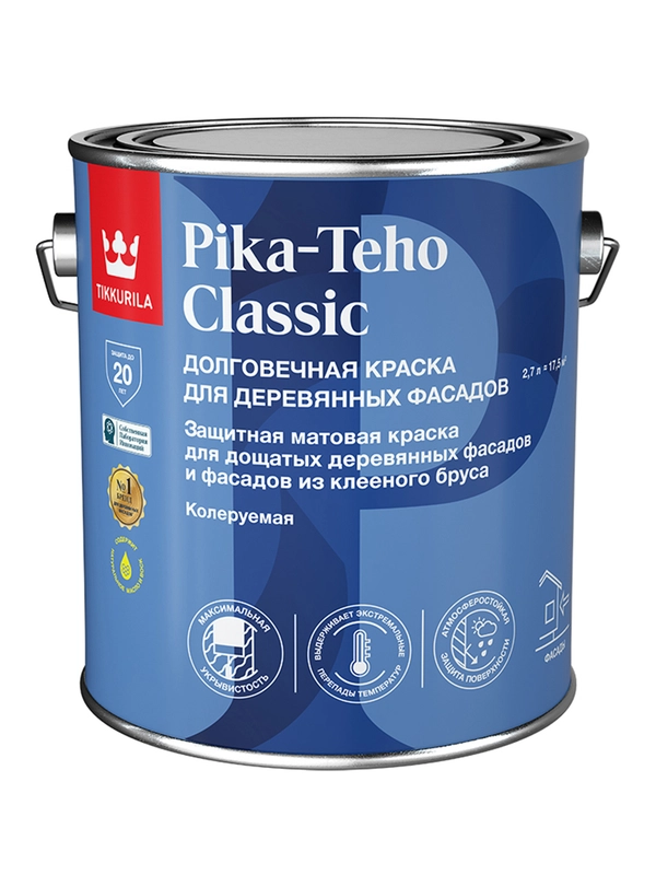 Краска для деревянных фасадов Tikkurila Pika-Teho Classic, матовая, база А, белая, 2,7 л