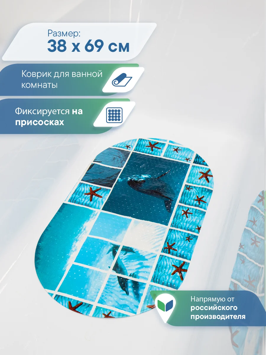 Синий коврик для ванны и душевой кабины на присосках "Bubbles" 38x69 см,ВИЛИНА
