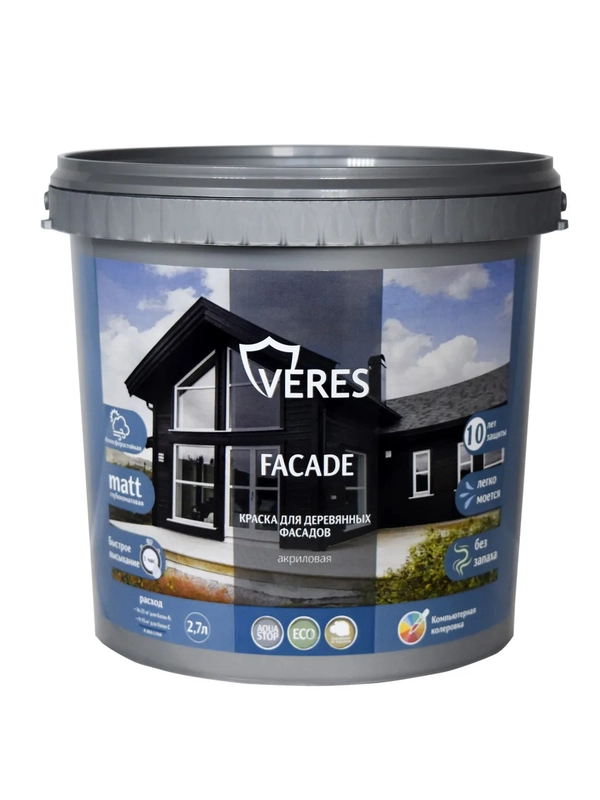 Краска для деревянных фасадов Veres Facade, акриловая, матовая, 2,7 л, шоколадный бархат