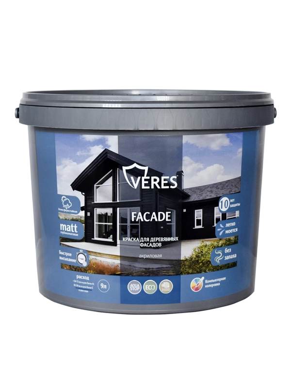 Краска для деревянных фасадов Veres Facade, акриловая, матовая, 9 л, мятный