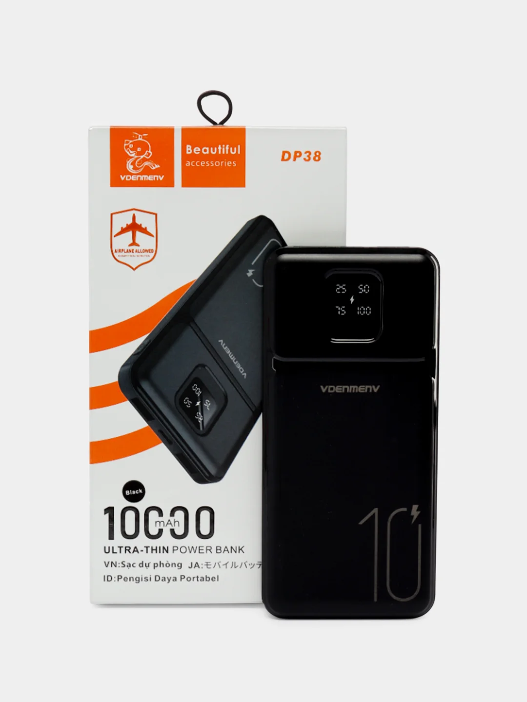 Черный power Bank  10000 мАч, Внешний аккумулятор с показателем заряда, 2 USB разъема для зарядки