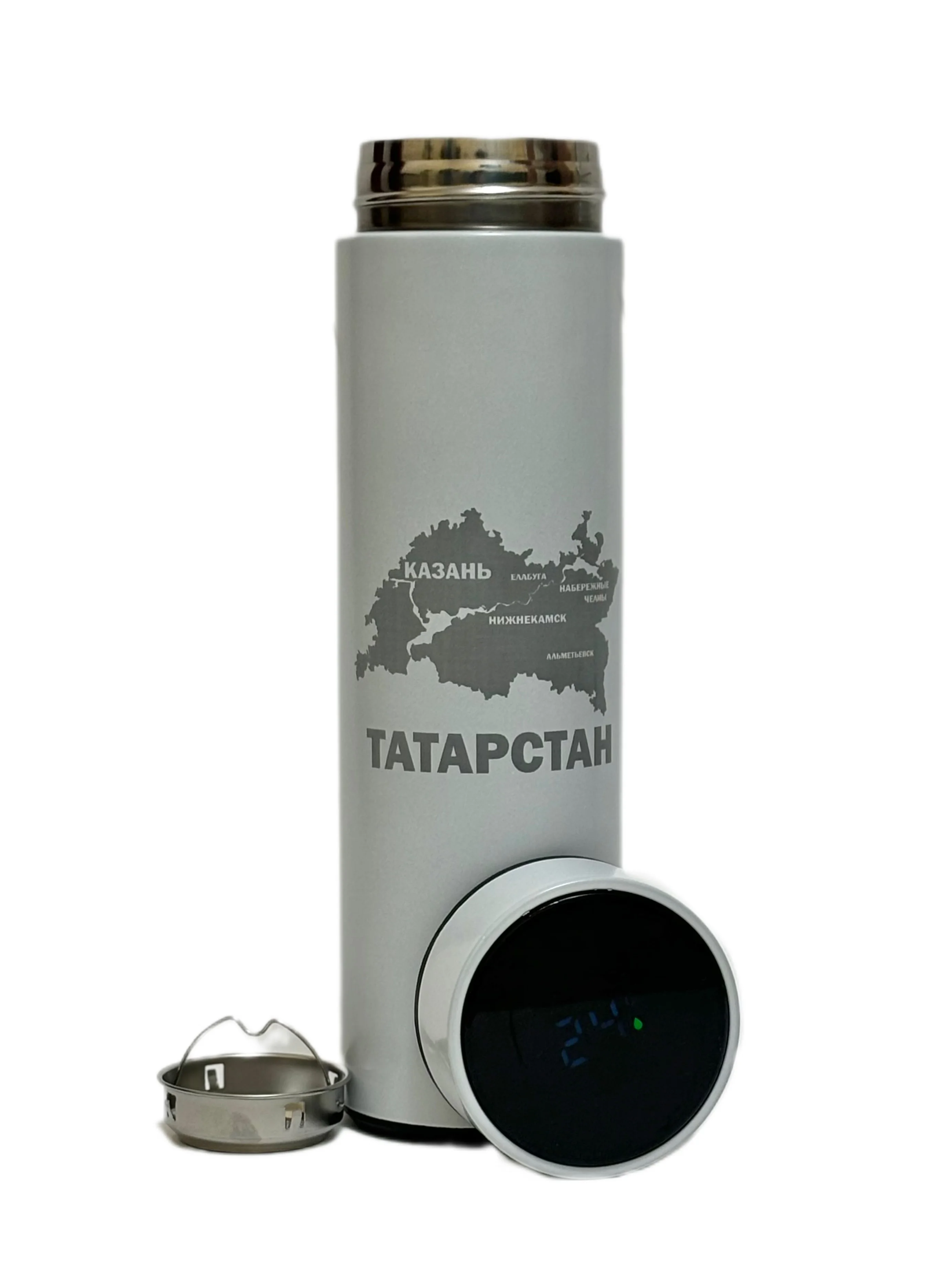 Белый термос с гравирокой карты Республики Татарстан