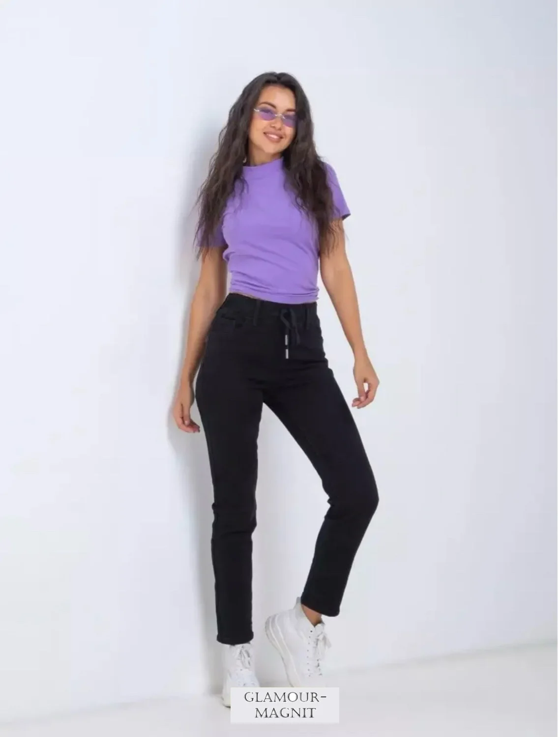Черный джинсы женские на резинке, высокая посадка, утепленные mom fit