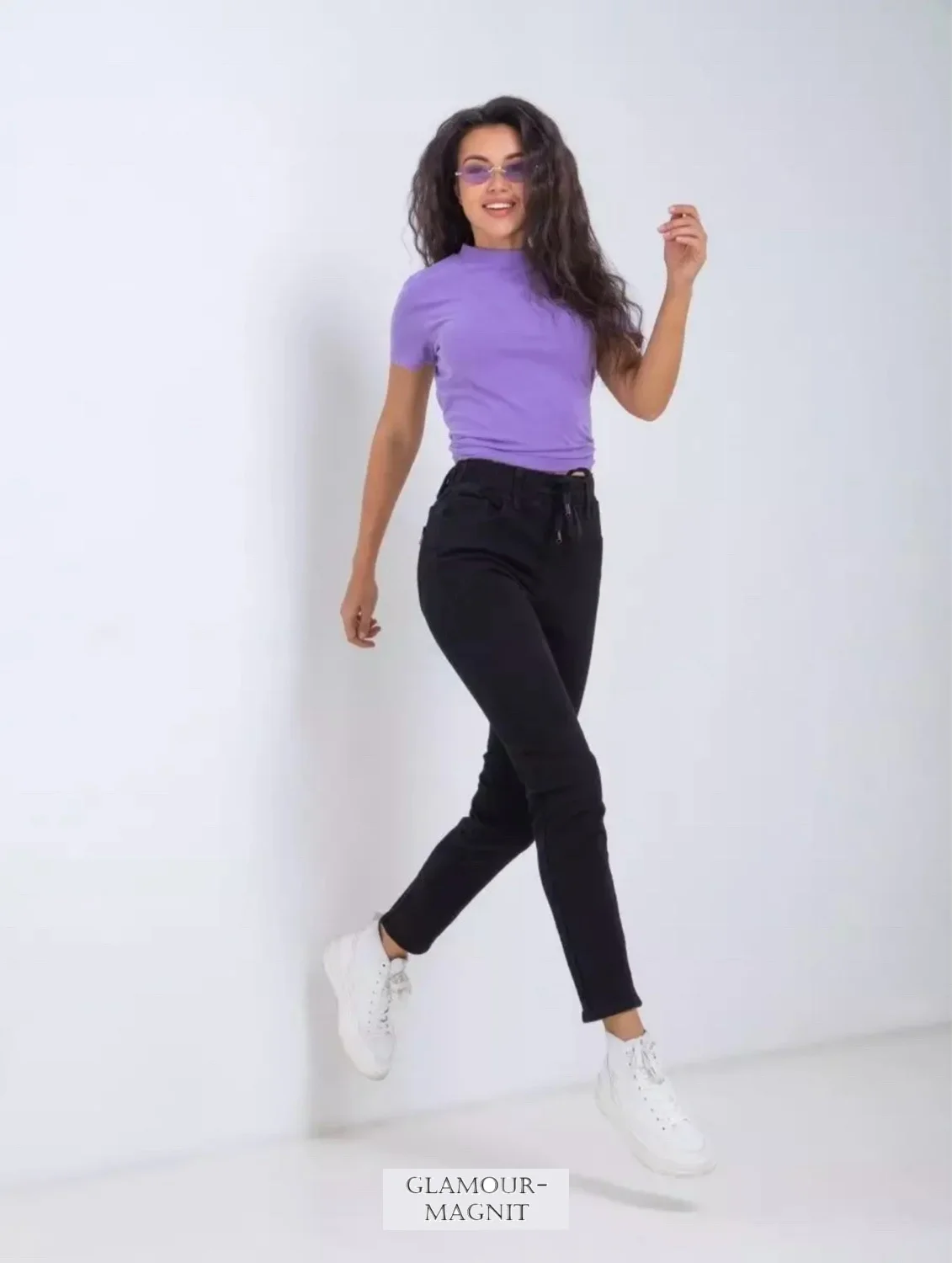 Черный джинсы женские на резинке, высокая посадка, утепленные mom fit