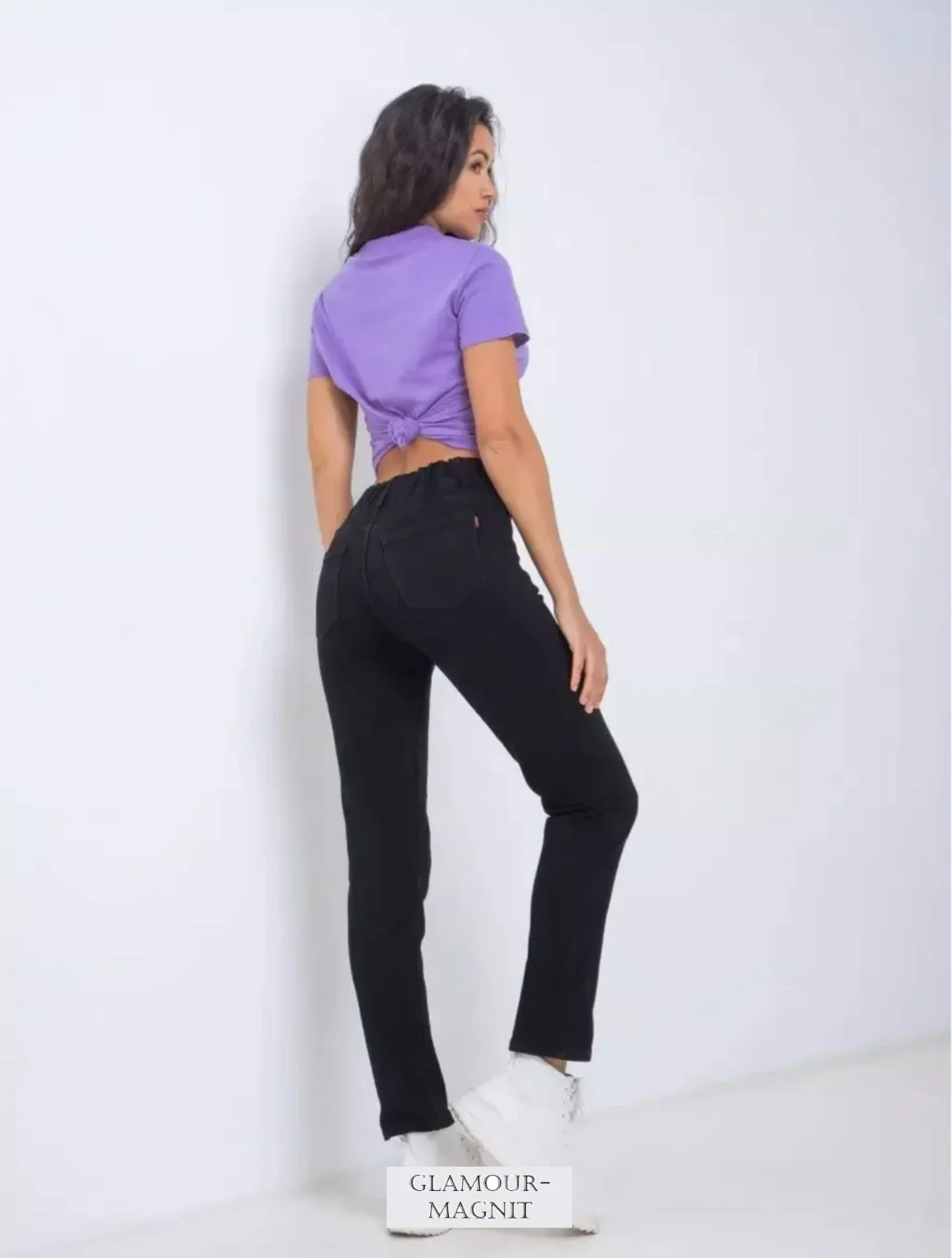 Черный джинсы женские на резинке, высокая посадка, утепленные mom fit