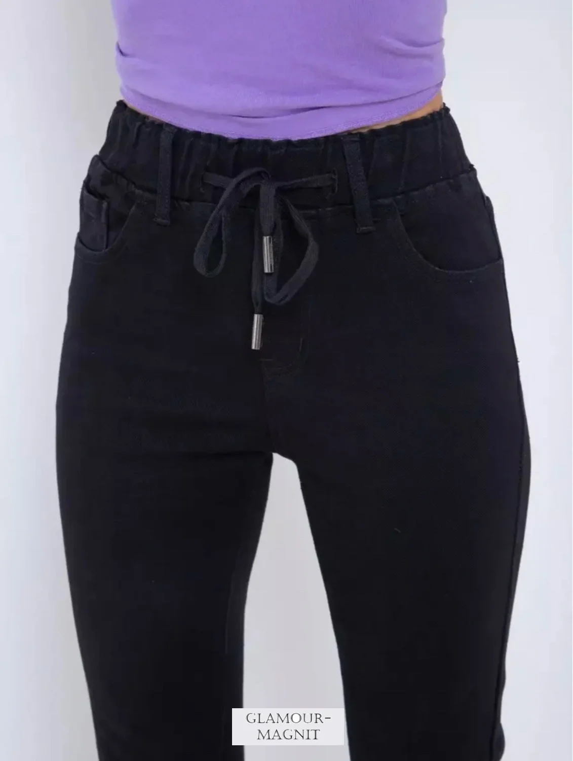 Черный джинсы женские на резинке, высокая посадка, утепленные mom fit