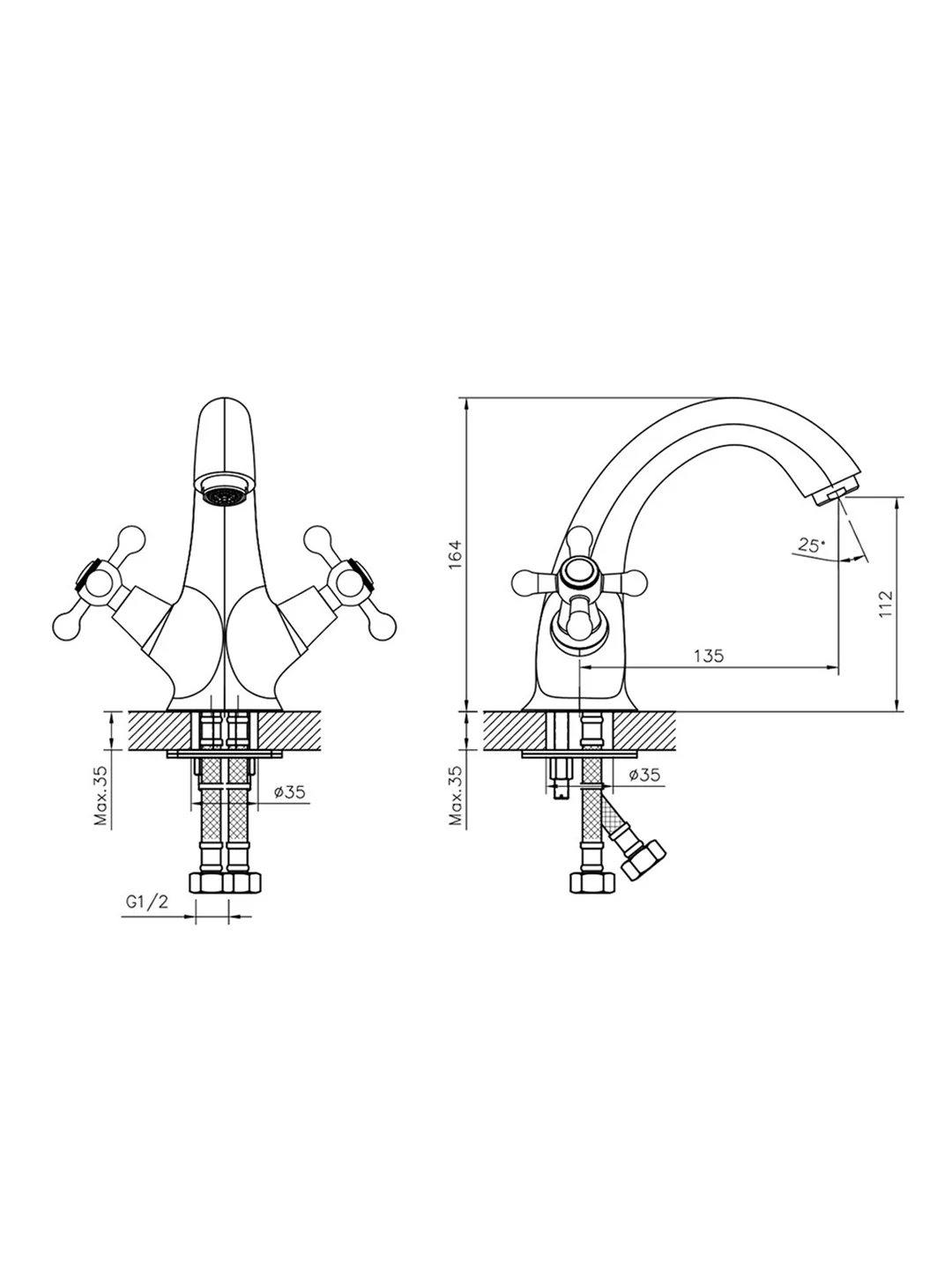 Смеситель для раковины с коротким изливом Decoroom DR54011, двухвентильный, хром