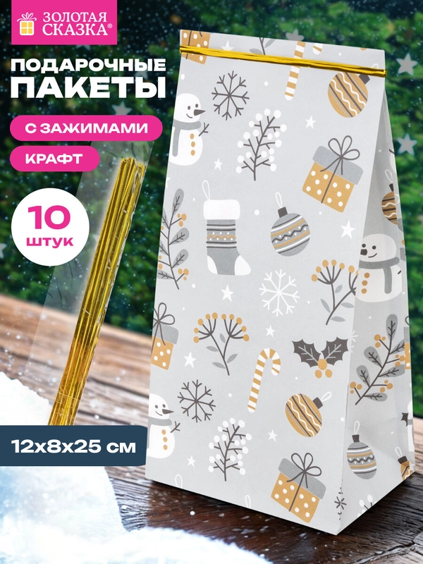 Пакеты новогодние подарочные мужчине, женщине, набор 10 штуки 12х8х25 см Золотая Сказка