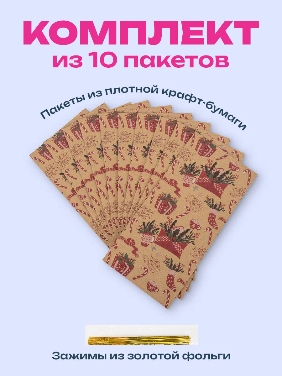 Пакеты новогодние подарочные мужчине, женщине, набор 10 штуки 12х8х25 см Золотая Сказка