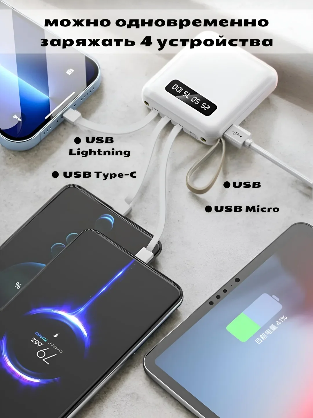 Угольный внешний аккумулятор с 4 встроенными кабелями, Lightning, Type-C, Power Bank, 10000 mAh