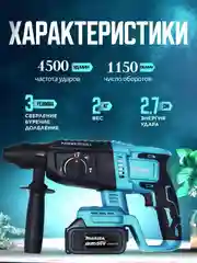 Синий перфоратор аккумуляторный, ударный Makita, 36V