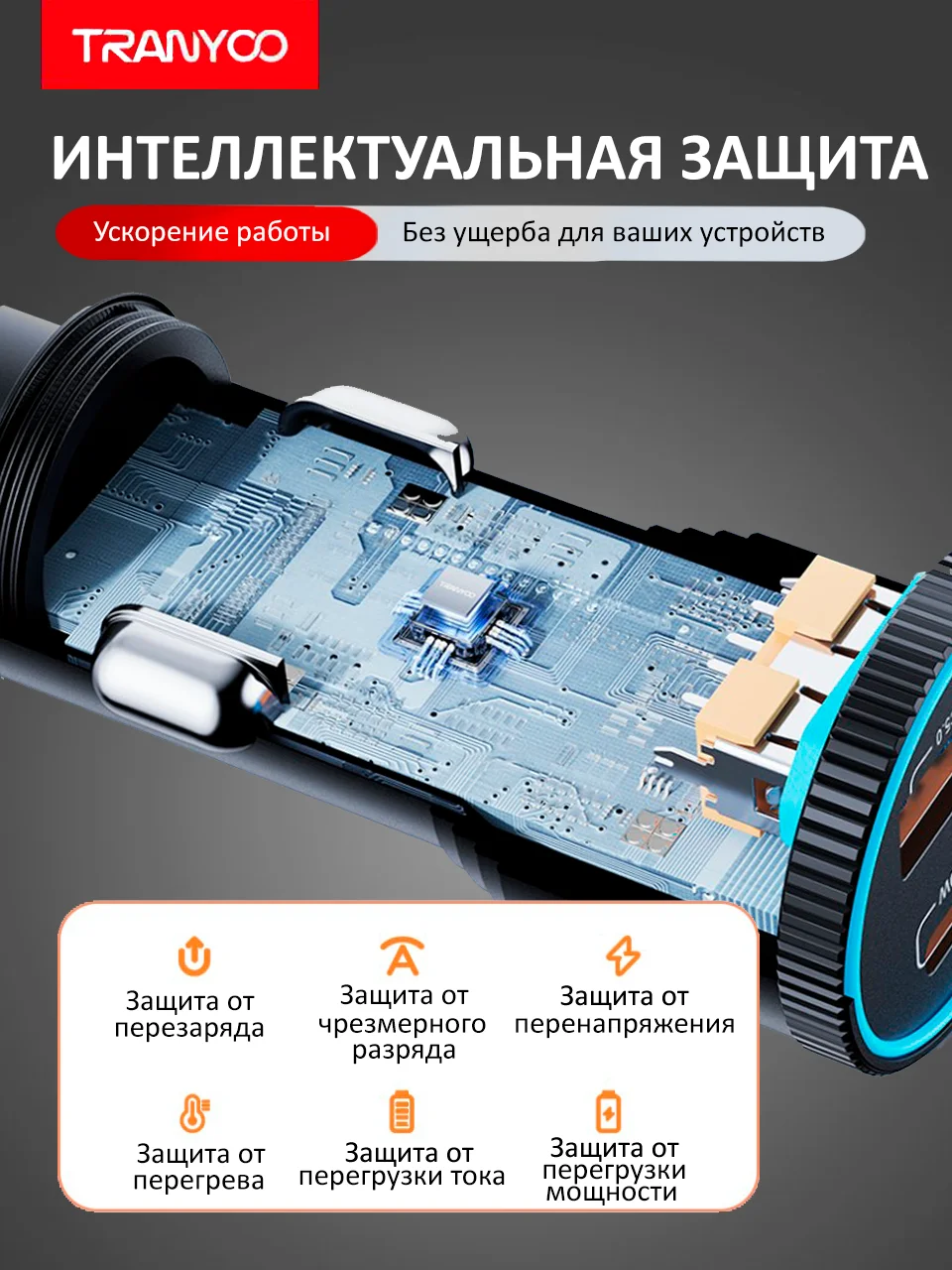 Автомобильное зарядное устройство TRANYOO USB + TYPE-C, поддержка быстрой зарядки, металл