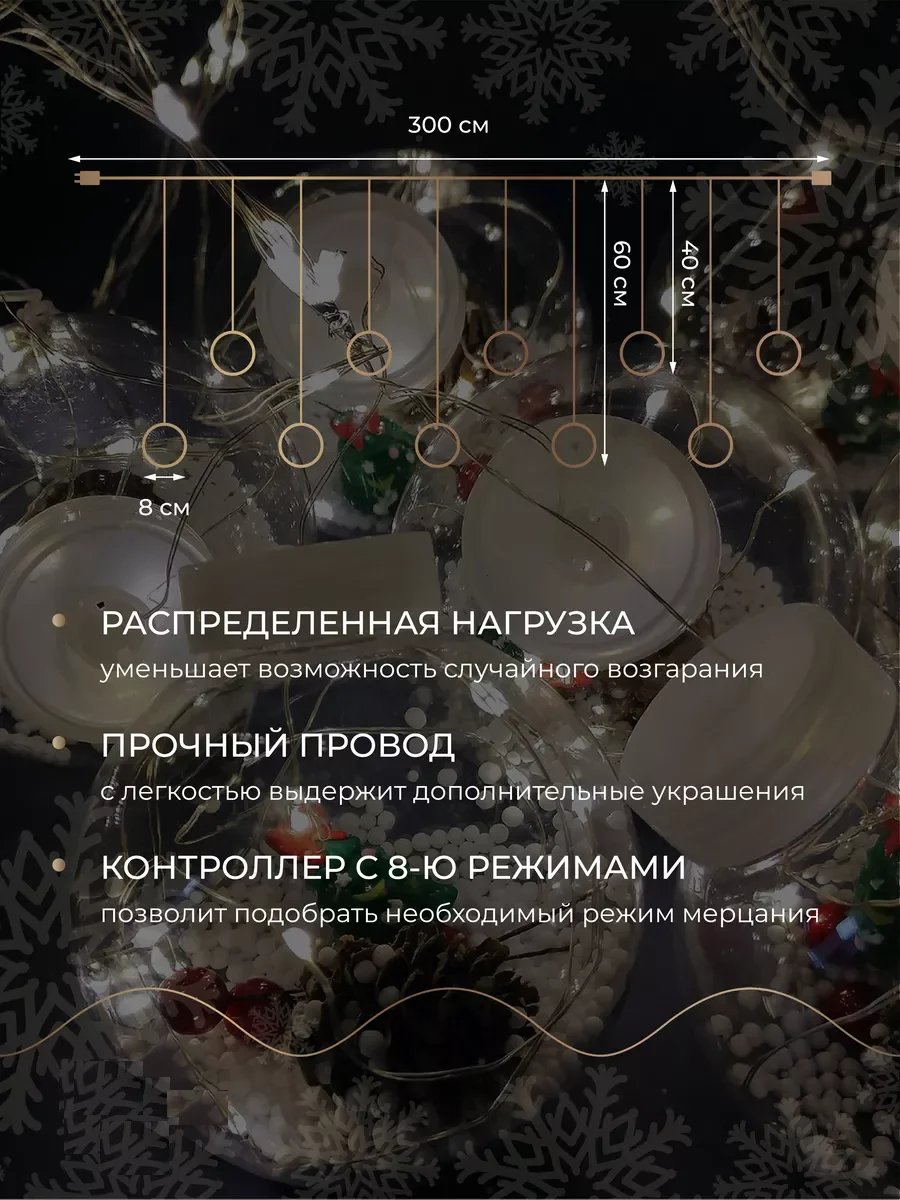 Гирлянды шары штора, 10 шт, 8 режимов, светодиодная, "на Новый год"