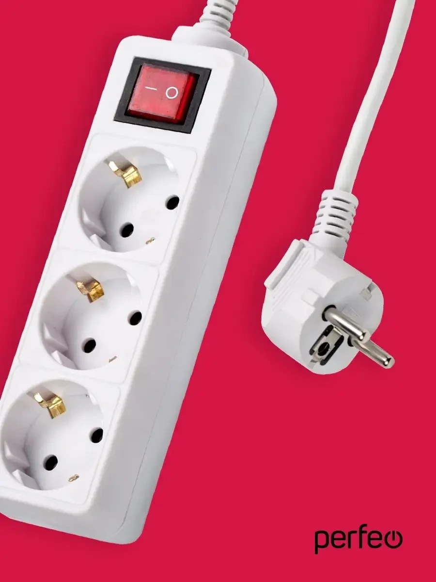 Белый сетевой удлинитель с кнопкой Perfeo "Powermate", 1,8 м