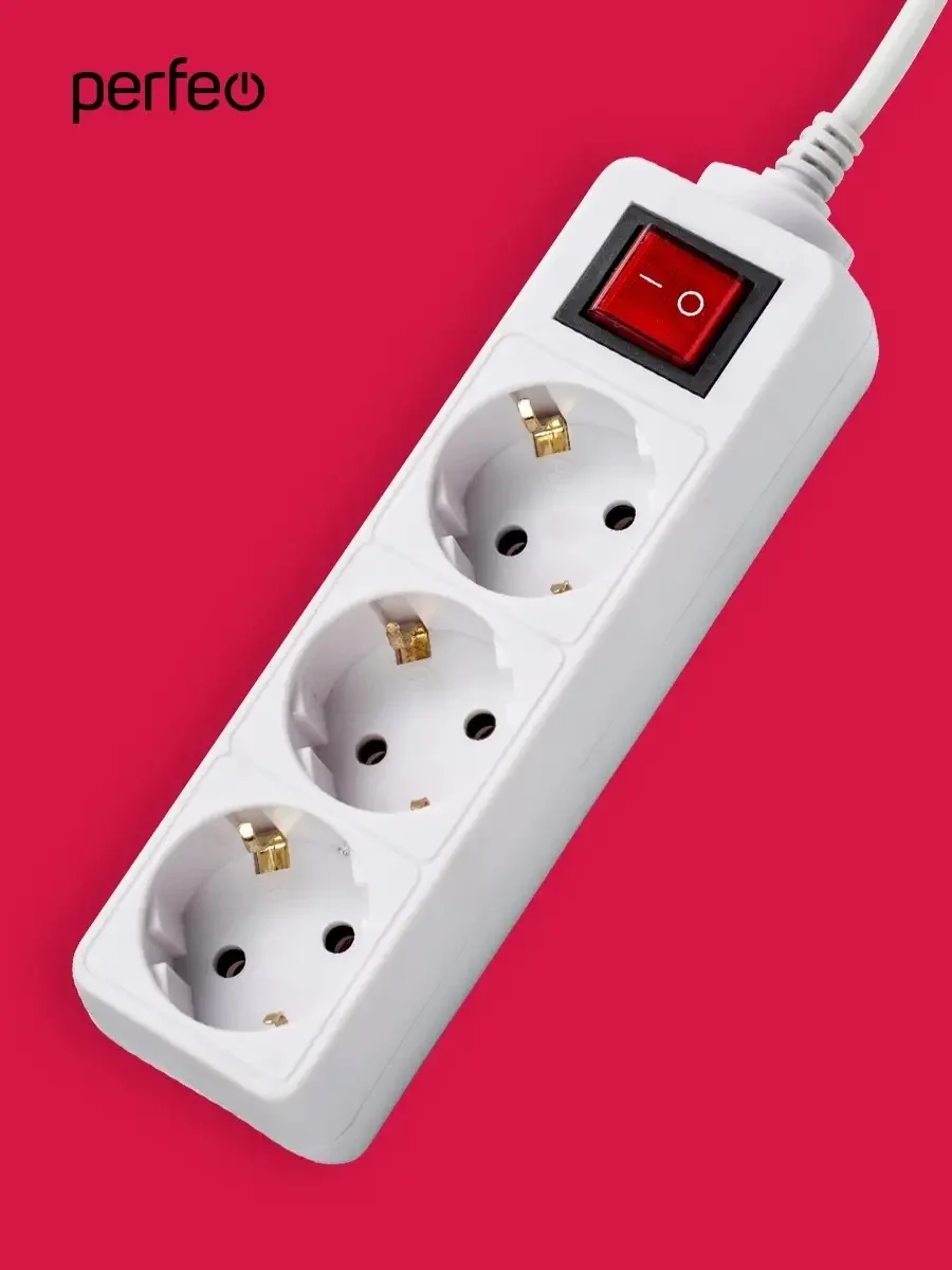 Белый сетевой удлинитель с кнопкой Perfeo "Powermate", 1,8 м