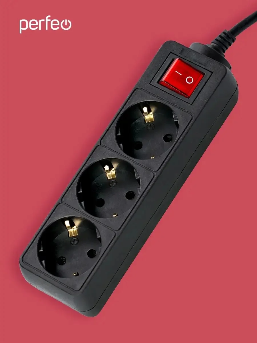 Черный сетевой удлинитель с кнопкой Perfeo "Powermate", 1,8 м