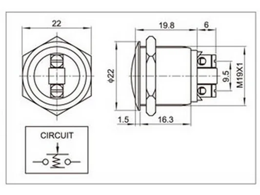 Кнопка антивандальная PBS-28B D-19mm OFF-(ON) (метал.) без фиксации d19mm 2A/250VAC 2pin