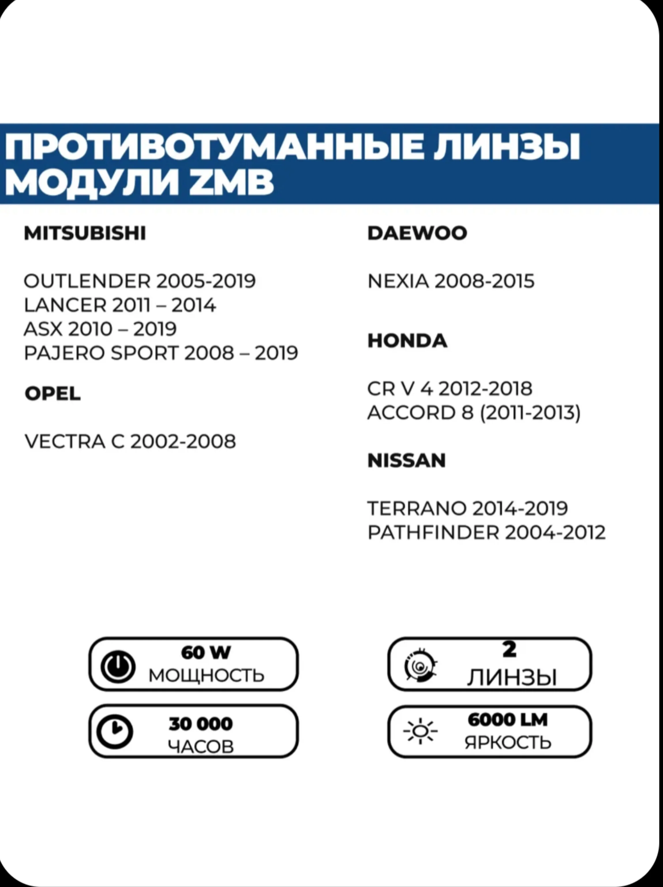 Противотуманные фары ПТФ Светодиодные  линзы ZMB Лада Веста, Гранта ФЛ Рено 2 шт, 100w