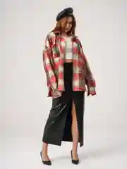 Алый рубашка в клетку, оверсайз, удлиненная