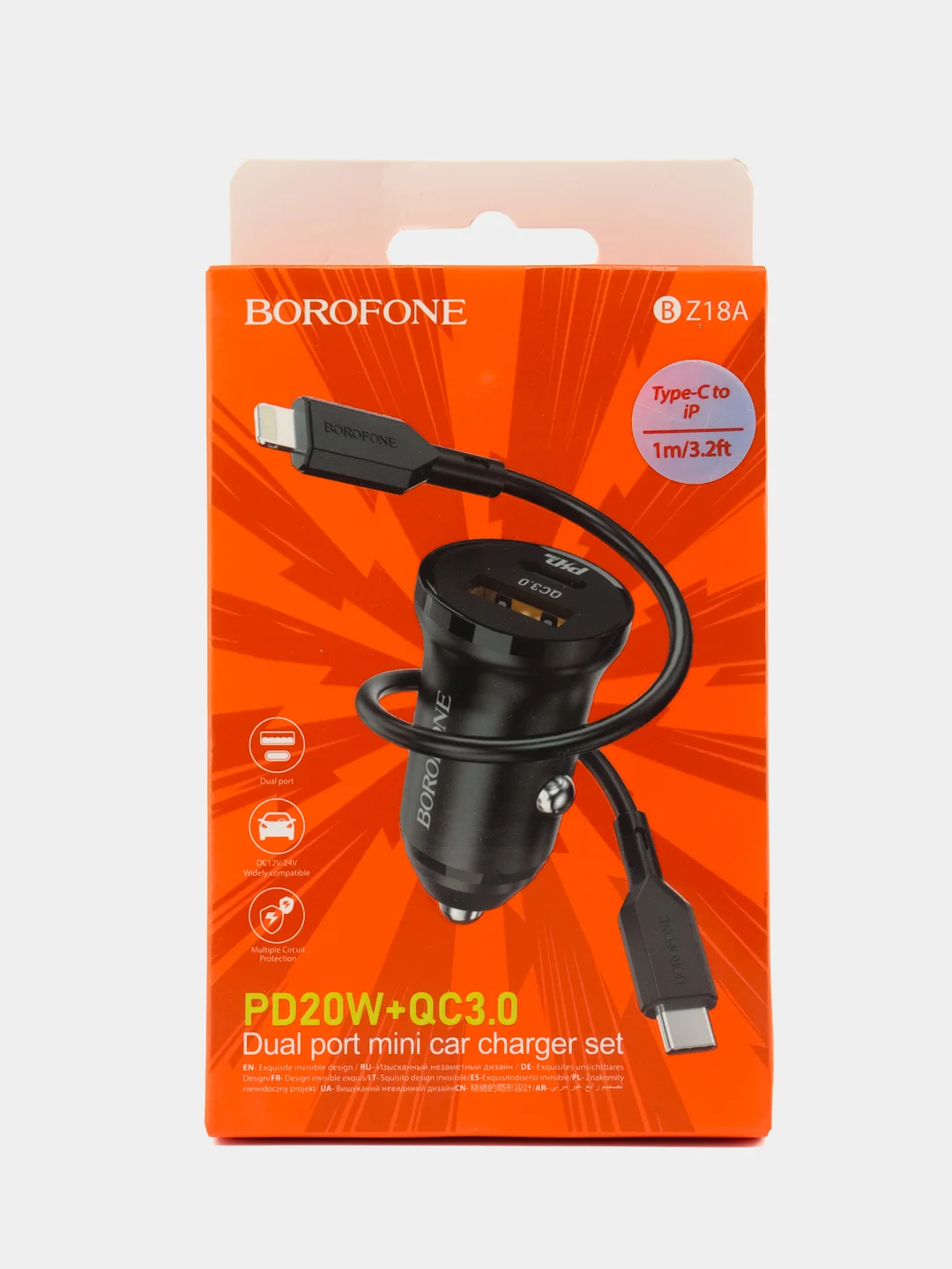 Черный автомобильное зарядное устройство USB 2,4A BOROFONE BZ18,BZ18A PD20W Quick Charge 3.0
