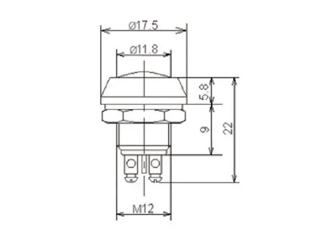 Кнопка антивандальная PBS-28B-2 D-12mm OFF-(ON) (метал.) без фиксации d12mm 2A/250VAC 2pin