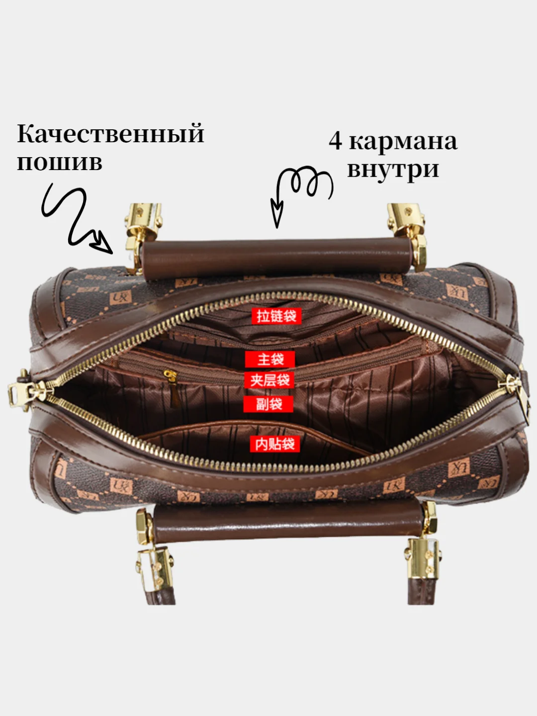Тёмно-коричневый сумка женская с ручками и плечевым ремнем, 4 цвета