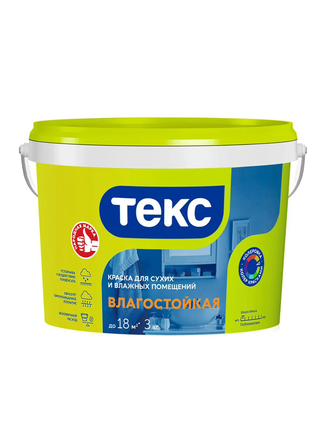 Краска для стен и потолков Текс, влагостойкая, глубокоматовая, белая, 3 кг