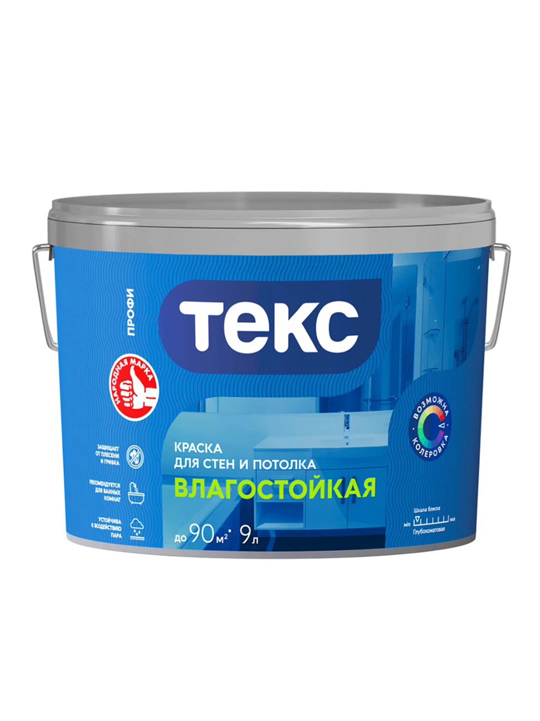 Краска для стен и потолков Текс Профи, влагостойкая, база A, белая, 9 л