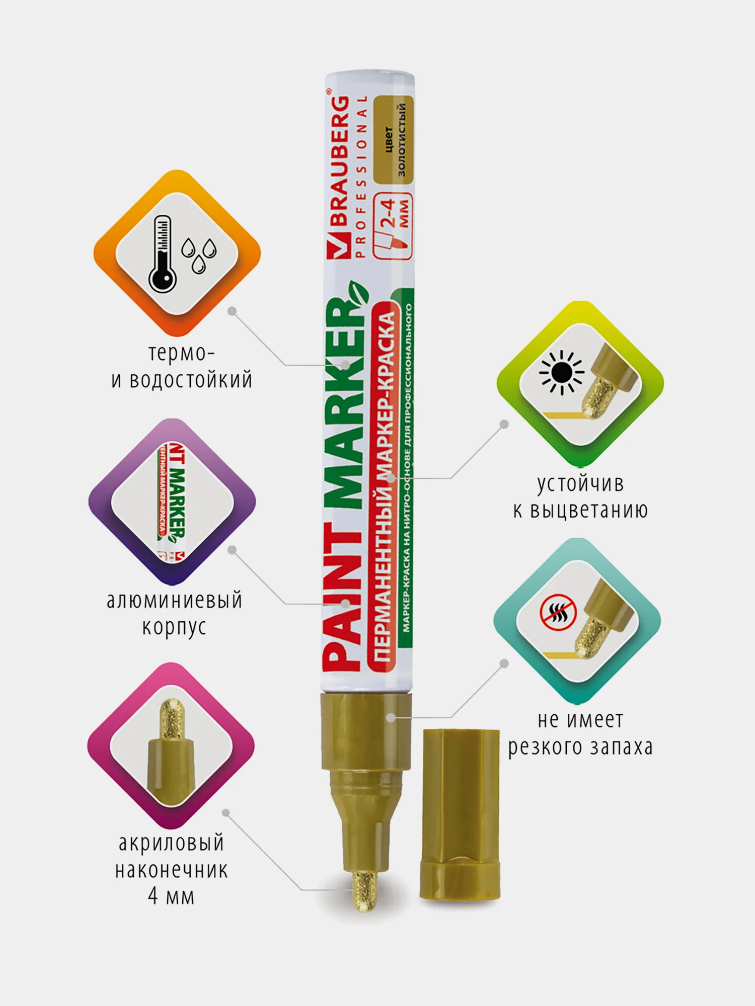 Маркер-краска лаковый paint marker по стеклу, бетону, авто 4 мм без запаха Brauberg 150876
