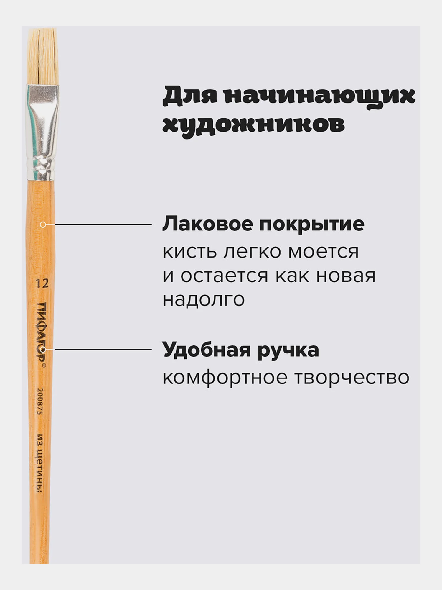 Кисточка (кисть) для рисования ПИФАГОР, ЩЕТИНА, плоская, № 12, деревянная ручка, 200875