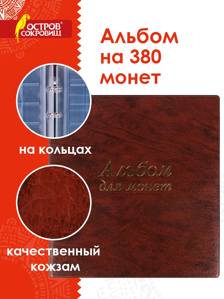 Альбом нумизмата для 380 монет диаметр до 38мм и купюр, 253*238мм, коричн, ОСТРОВ СОКРОВИЩ