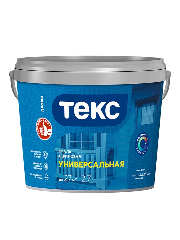 Эмаль универсальная акриловая Текс Профи, глянцевая, база A, белая, 2,7 л