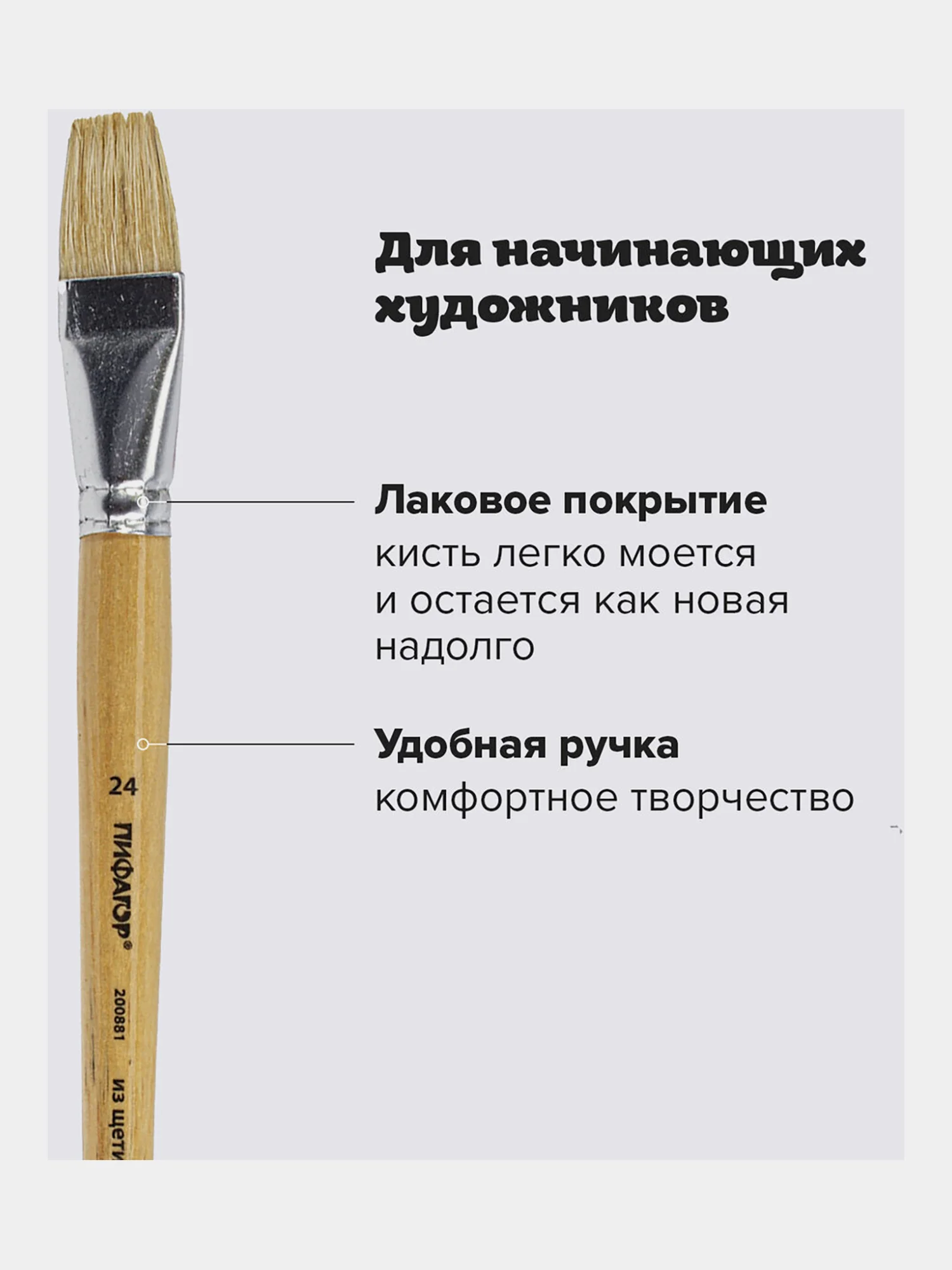 Кисточка (кисть) для рисования, ЩЕТИНА, плоская № 24 деревянная лакированная ручка, 200881