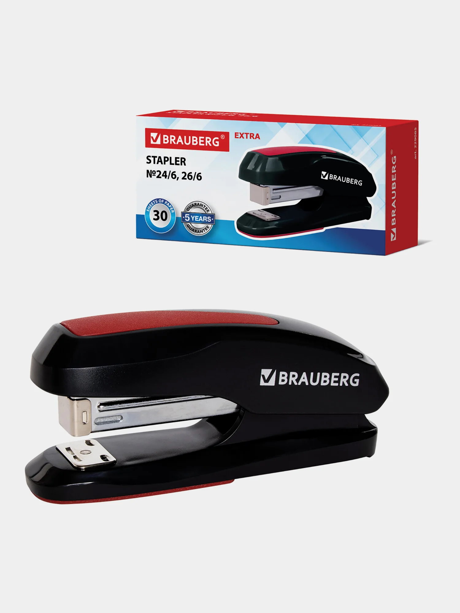 Степлер №24/6, 26/6 BRAUBERG "Extra", до 30 листов, черно-красный, 229085