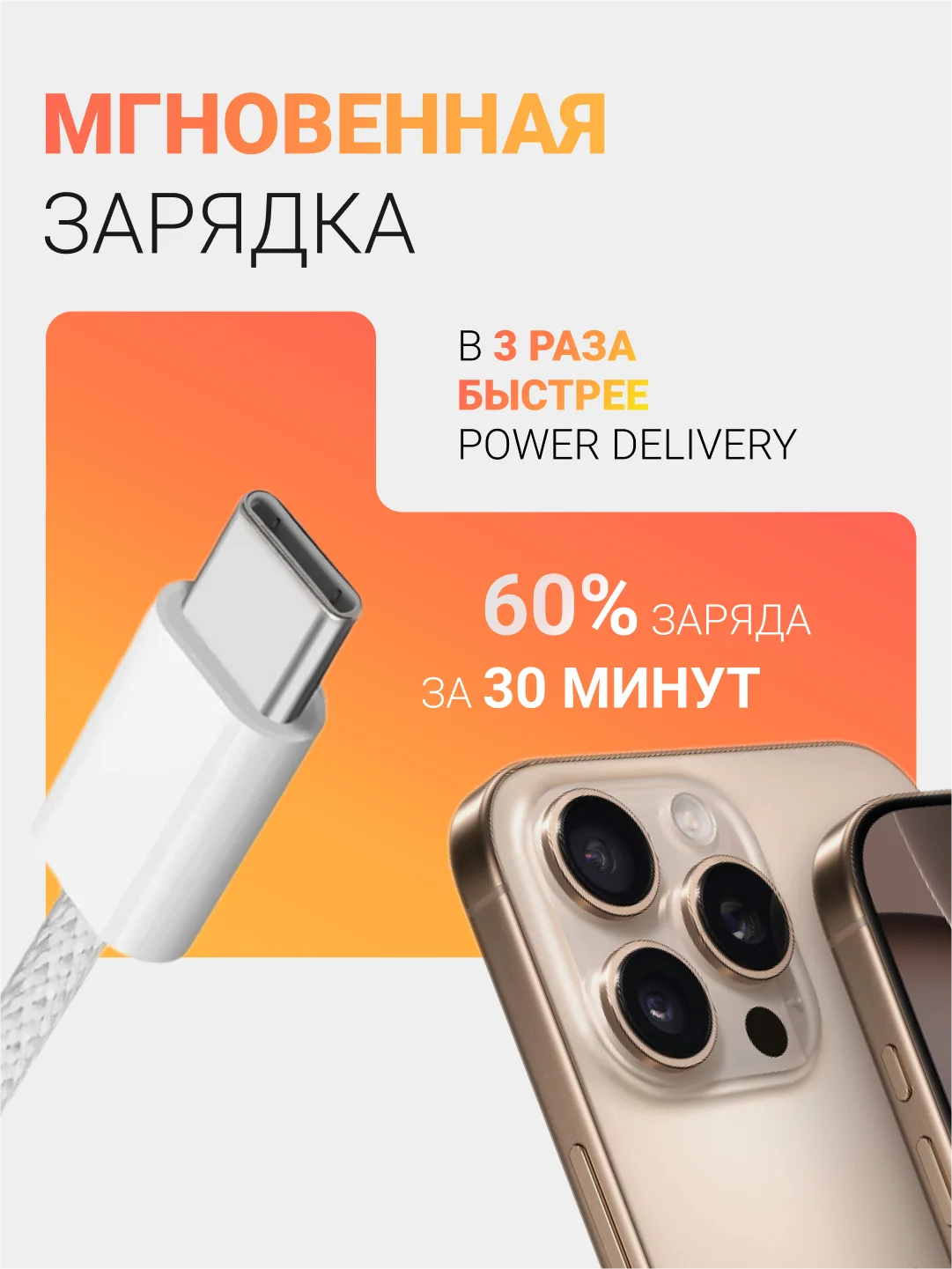 Кабель зарядный Type-C/Type-C 60W, плетеный, с поддержкой быстрой зарядки