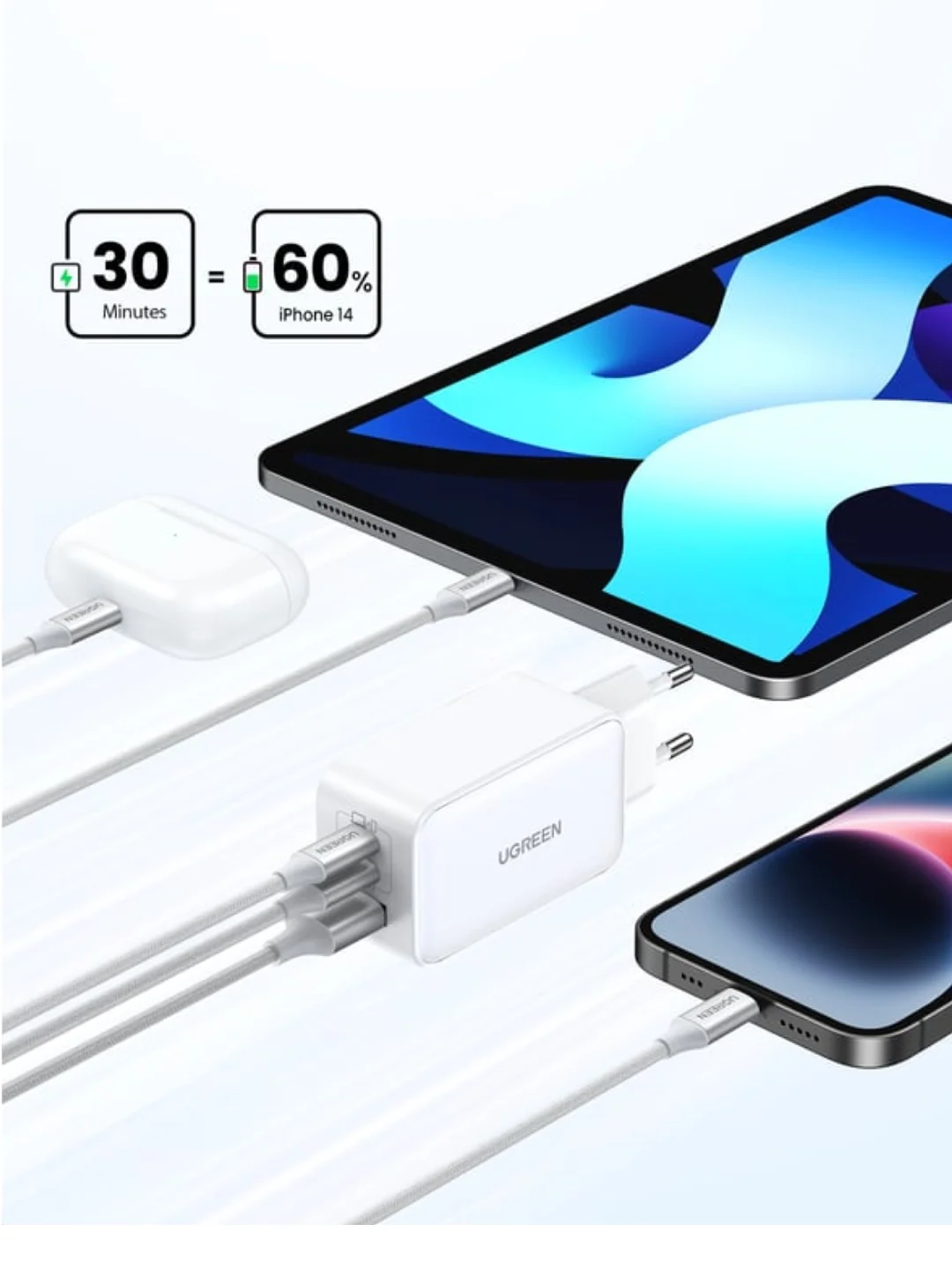Сетевое зарядное устройство Ugreen CD244 (15334) Nexode 65W USB-A+2*USB-C GaN Tech Fast