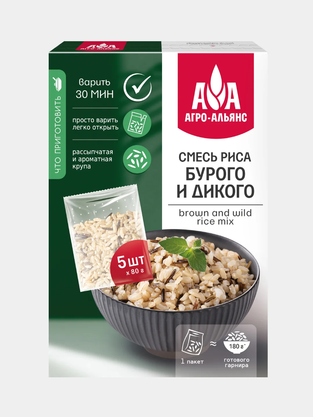 Смесь бурого и дикого риса Агро-Альянс Экстра, в пакетиках для варки, 5 пакетиков по 80 г