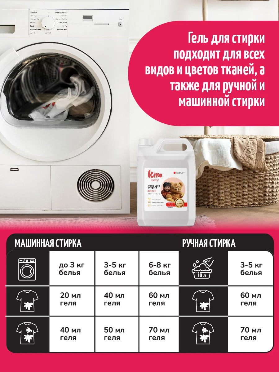 Гель для стирки детский концетрат, гипоалергенный, Kitto Home, 5 литров, 200 стирок