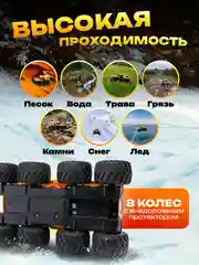 Желтый машинка амфибия-вездеход на радиоуправлении с разворотом на 360 градусов