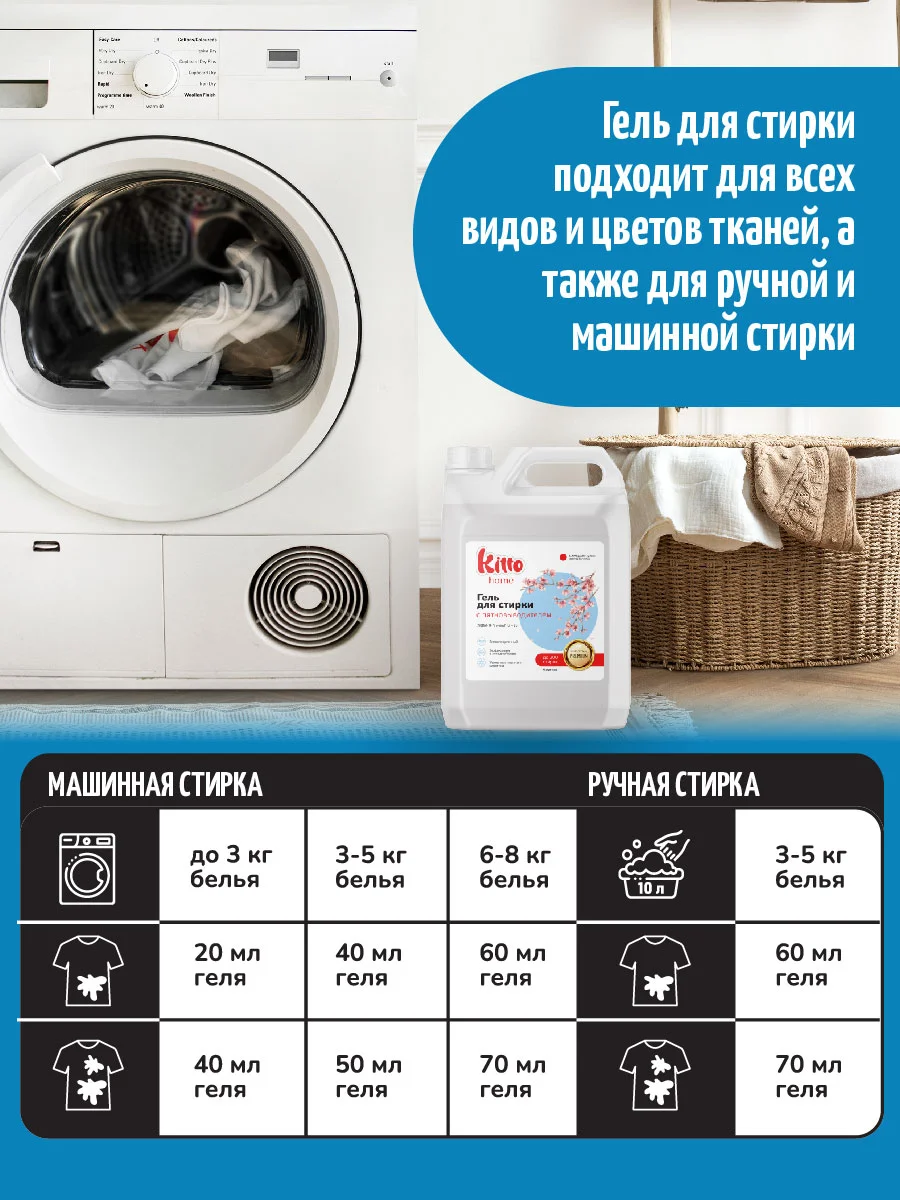 Гель для стирки с пятновыводителем Kitto Home, 5 литров, 200 стирок