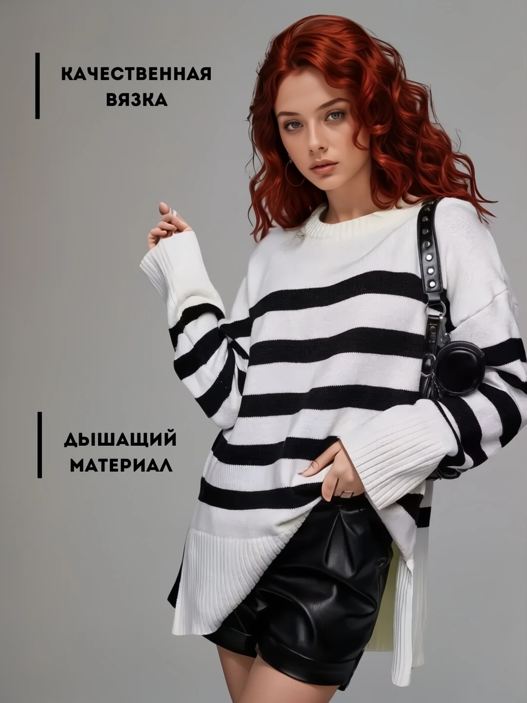 Белый cвитер женский оверсайз, удлиненный, в полоску, джемпер