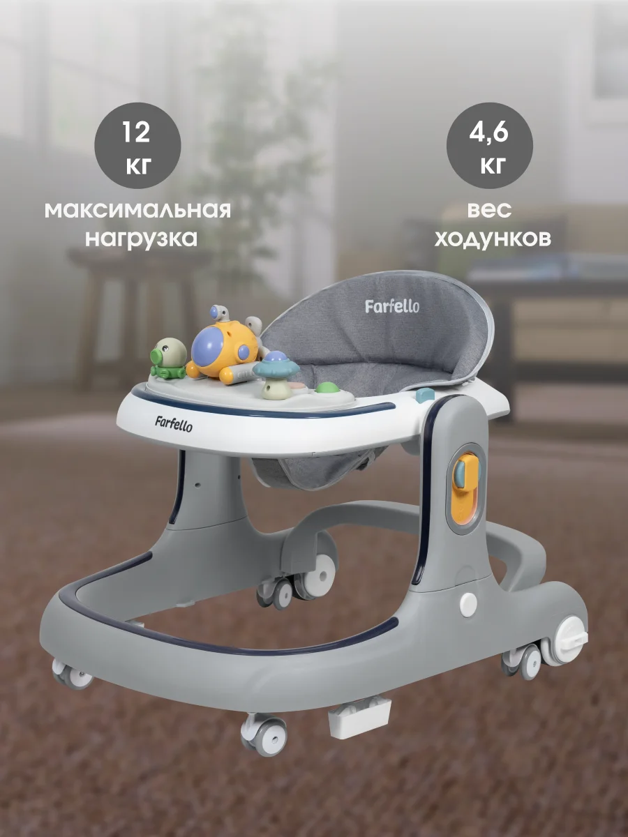Серый ходунки каталка 2 в 1  Farfello K16 с музыкальной панелью