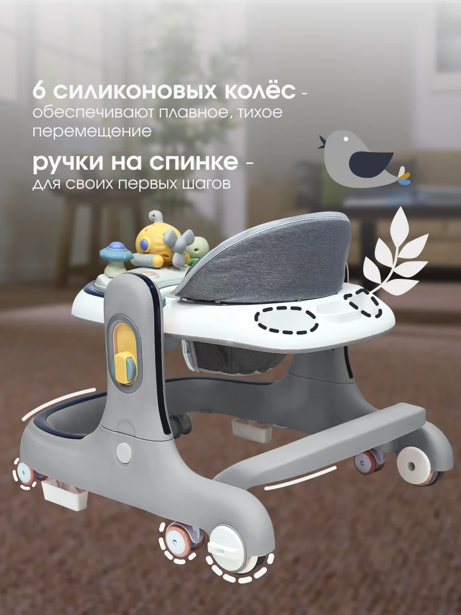 Серый ходунки каталка 2 в 1  Farfello K16 с музыкальной панелью