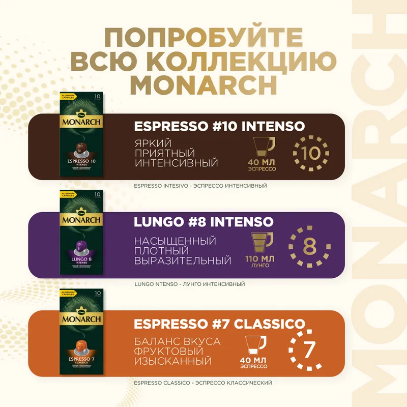 Кофе в капсулах Monarch Lungo 8 Intenso, жареный, молотый, 10 штук по 5,2 г