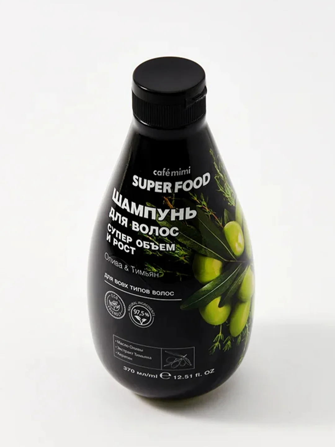 Cafe mimi Super Food  Шампунь для волос Супер объем и рост Олива & Тимьян, 370 мл