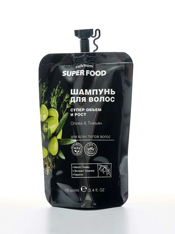 Cafe mimi Super Food  Шампунь для волос  Супер объем и рост Олива & Тимьян, 100 мл